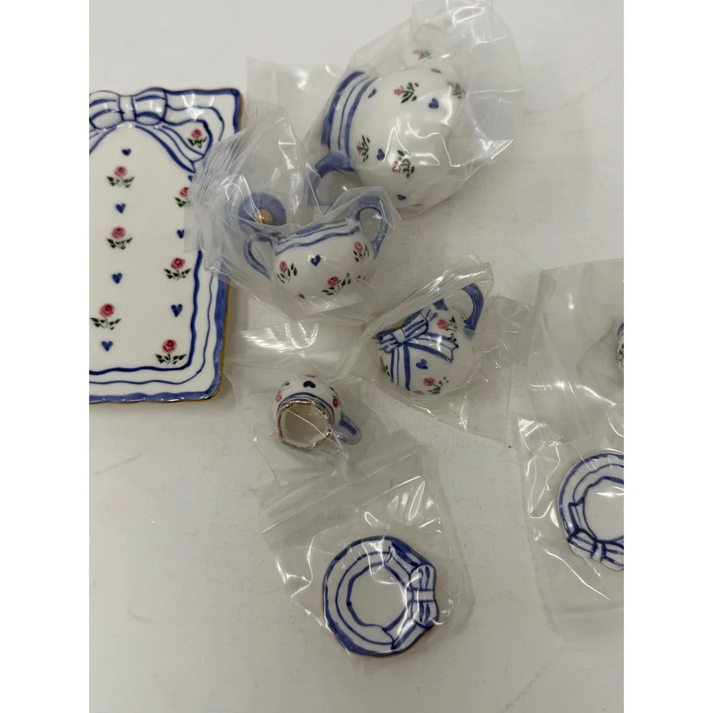 Miniature Tea Set Blue White Floral Roses Tray Dollhouse Display Original Box